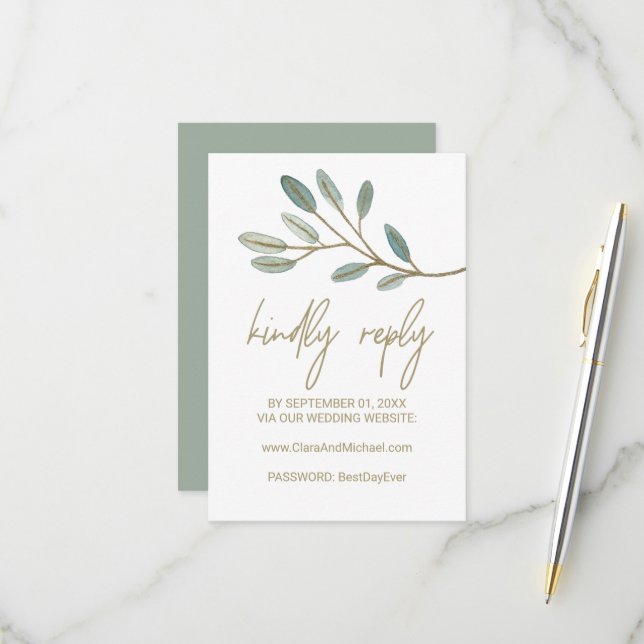 Gold Veined Eukalyptus Wedding Website RSVP Card (Vorderseite/Rückseite Beispiel)