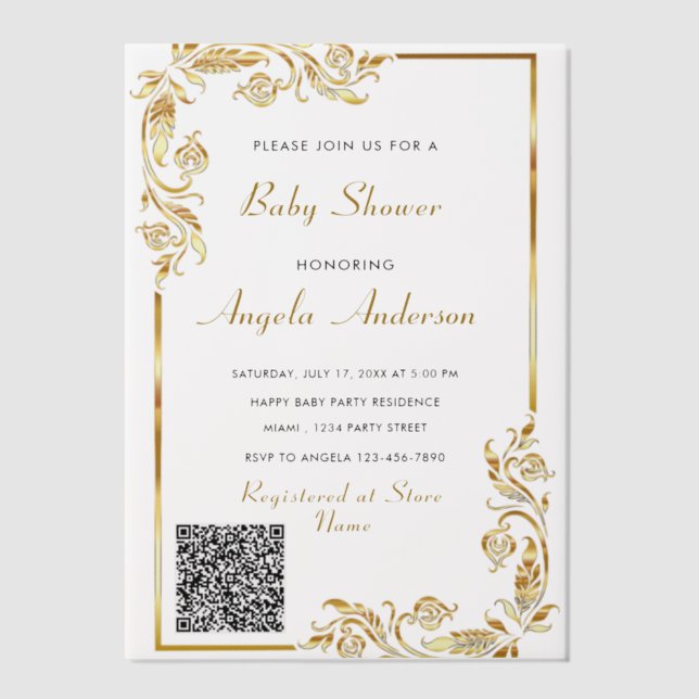 Gold Vellum Baby Shower Einladung mit QR Code (Vorderseite)