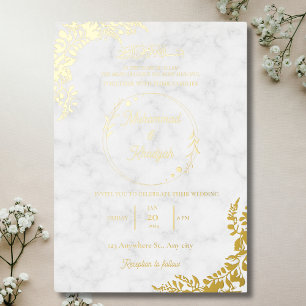 Gold Verlasse Verzierte Hochzeit aus weißem Marmor Folieneinladung
