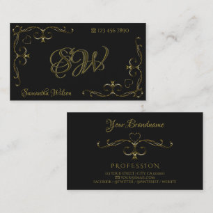 Gold Verziert Corner Borders Initials Black Visitenkarte