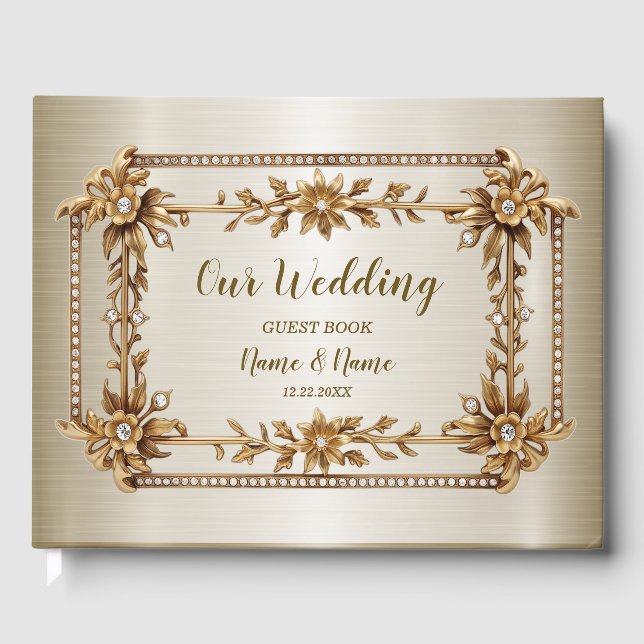 Gold Verziert Rectangle Dimond Blume Shiny Elegant Gästebuch (Vorderseite)