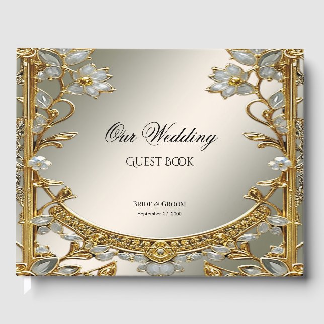 Gold Verziert White Floral Guest Book Gästebuch (Vorderseite)