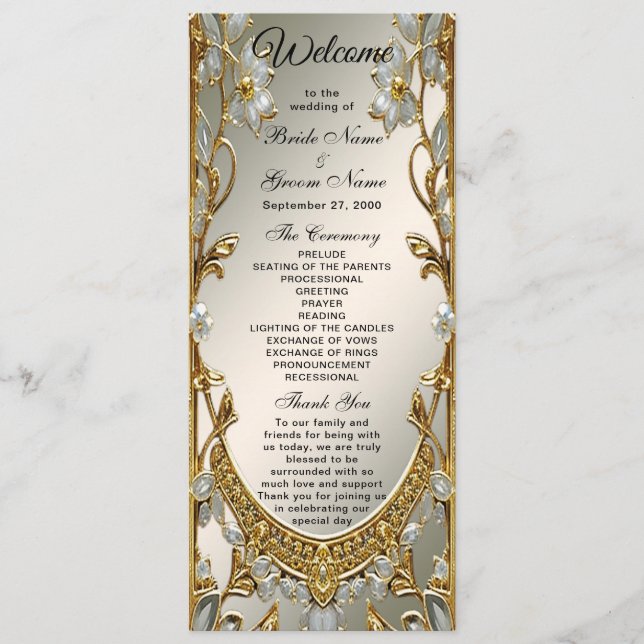 Gold Verziert White Floral Wedding Program Programm (Vorderseite)