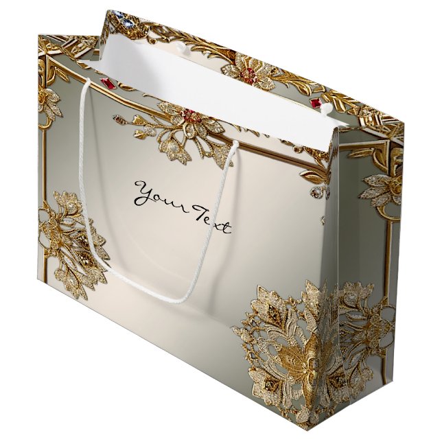 Gold Verzierte Blumenbehängetasche Große Geschenktüte (Vorderseite Schrägansicht)
