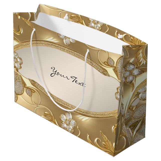 Gold Verzierte Blumenbeutel Große Geschenktüte (Rückseite Schrägansicht)