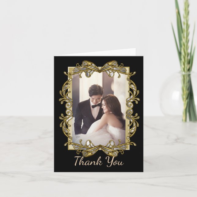 Gold Verzierte Foto Hochzeit Vielen Dank Dankeskarte (Vorderseite)