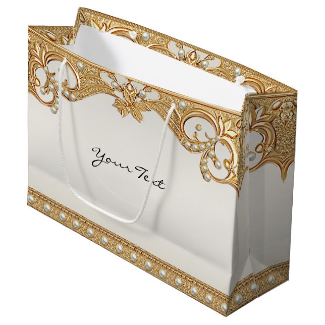 Gold Verzierte Perlen Geschenktasche Große Geschenktüte (Vorderseite Schrägansicht)