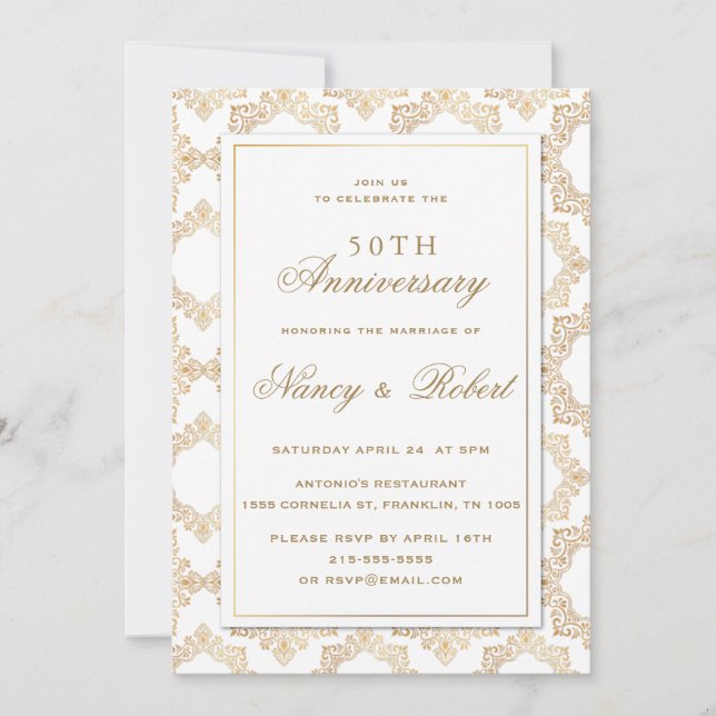 Gold Verzierte Rahmen Weiß 50. Hochzeitstag Einladung (Vorderseite)