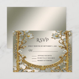 Gold Verzierte weiße Blütenkarte RSVP Karte