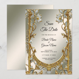 Gold Verzierte Weiße Flora Save the Date
