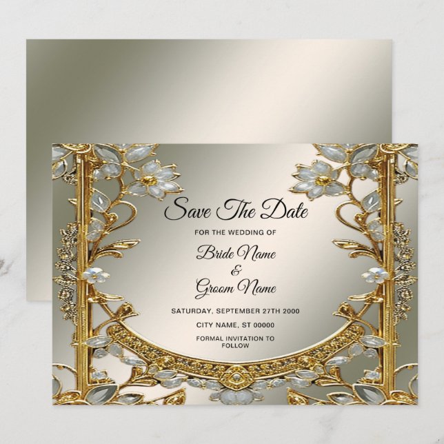 Gold Verzierte Weiße Flora Save the Date (Vorne/Hinten)