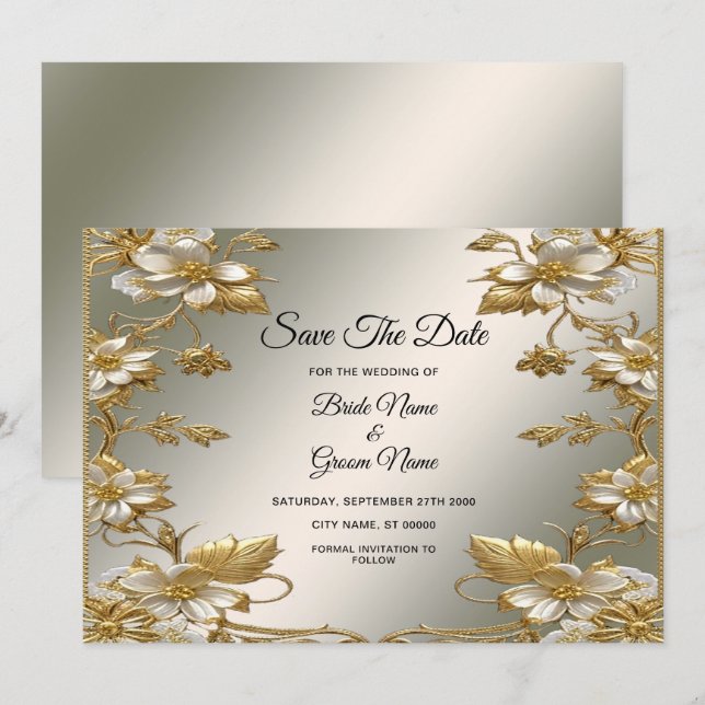 Gold Verzierte Weiße Flora Save the Date (Vorne/Hinten)