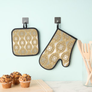Gold Verziertes Oven Mitt & Pot Holder Set