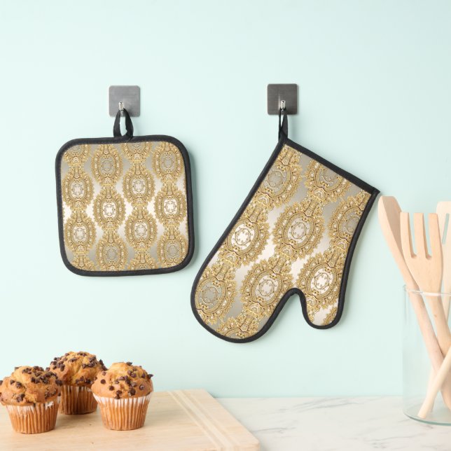 Gold Verziertes Oven Mitt & Pot Holder Set (Insitu (Hängend))