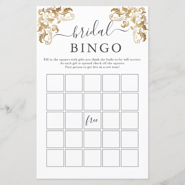Gold Verziertes Verziertes Creme Brautparty Bingo  (Vorderseite)