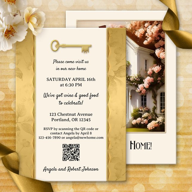 Gold Viktorianisch für Ihr Foto Einladung (Housewarming party invitation featuring a photo of your new home framed by an ivory design with gold)