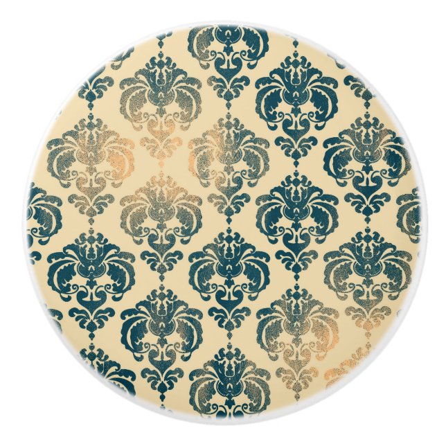 Gold & Vintag Blau Rustikale Moderne Glam Damask Keramikknauf (Vorderseite)