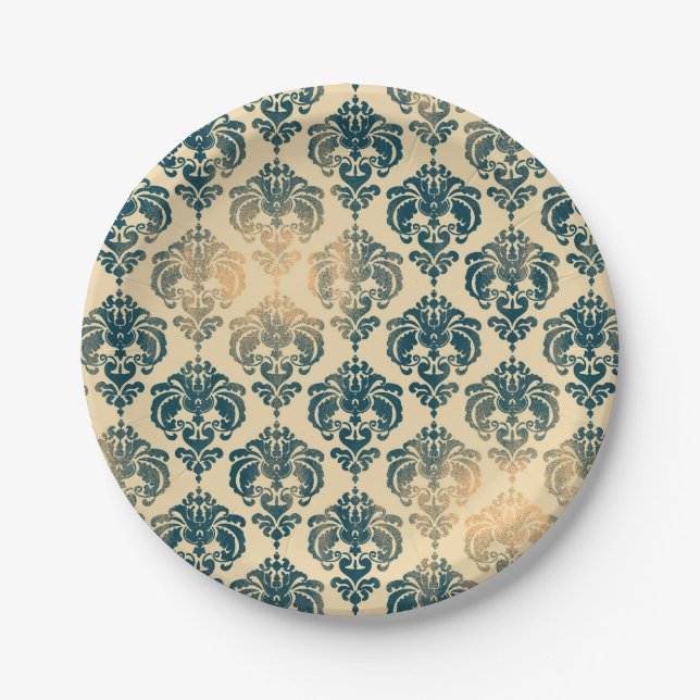 Gold & Vintag Blau Rustikale Moderne Glam Damask Pappteller (Vorderseite)