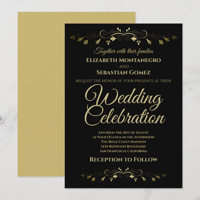 Gold Vintag Blüh auf Black Simple Wedding Einladung (Vorne/Hinten)