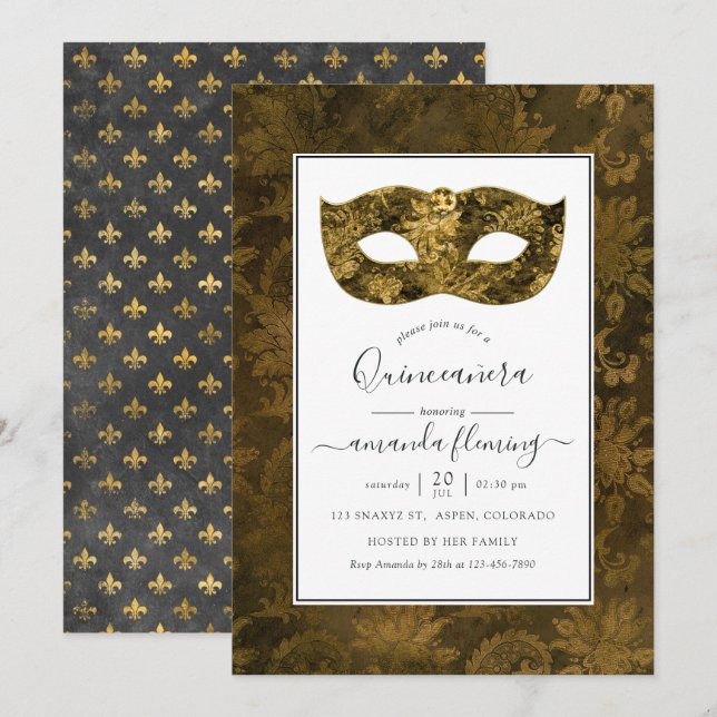 Gold Vintag Masquerade Quinceañera Einladung (Vorne/Hinten)