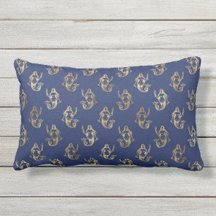 Gold Vintag Mermaid Muster Navy Blue Outdoor Kissen Für Draußen
