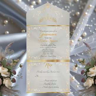 Gold Vintage Border Quinceanera - Grün All In One Einladung