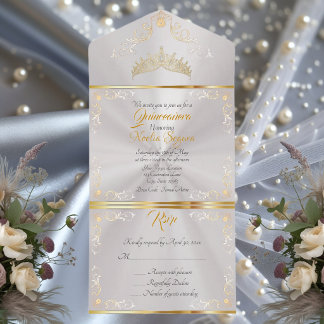 Gold Vintage Border Quinceanera - Perlenweiß All In One Einladung