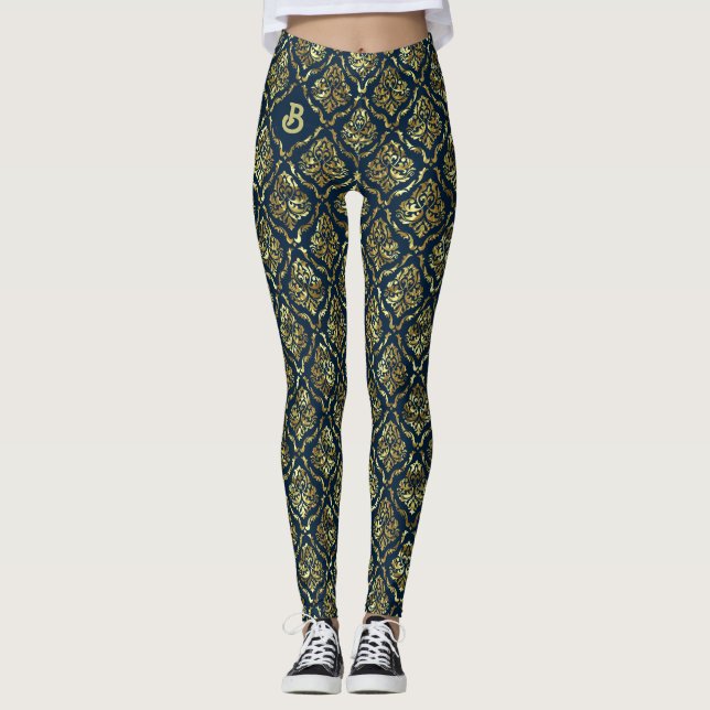 Gold vintage damasks pattern on dark blue leggings (Vorderseite)