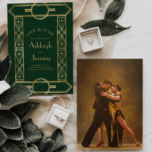 Gold Vintage Deco Rahmen Dunkelgrün Foto Hochzeit Save The Date