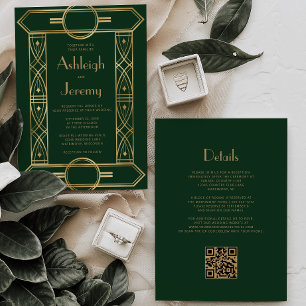 Gold Vintage Deco Rahmen Dunkelgrün QR Code Hochze Einladung
