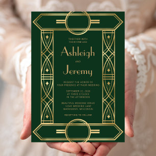 Gold Vintage Deco Rahmen Dunkelgrüne Hochzeit Einladung
