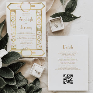 Gold Vintage Deco Rahmen Weiß QR Code Hochzeit Einladung