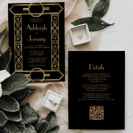 Gold Vintager Deko Frame Black QR Code Hochzeit Einladung