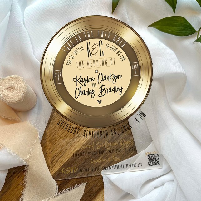 Gold Vinyl Record Arch Akryllische Hochzeitseinlad Acryleinladungen (Black and gold retro vinyl record vintage monogram modern trendy unique arch acrylic wedding invite)