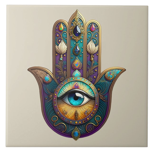Gold Violet Teal Hamsa w/ Turquoise Third Eye Fliese (Vorderseite)