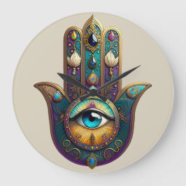 Gold Violet Teal Hamsa w/ Turquoise Third Eye Große Wanduhr
