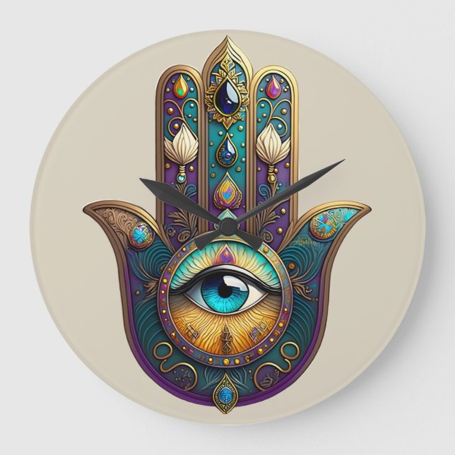 Gold Violet Teal Hamsa w/ Turquoise Third Eye Große Wanduhr (Vorderseite)