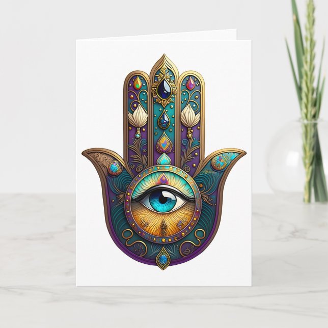 Gold Violet Teal Hamsa w/ Turquoise Third Eye Karte (Vorderseite)