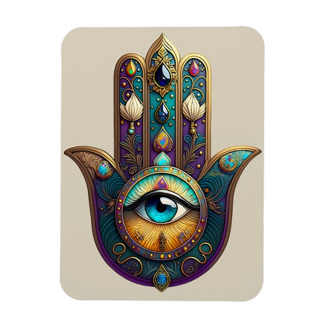Gold Violet Teal Hamsa w/ Turquoise Third Eye Magnet (Vertikal)