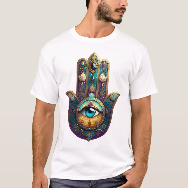 Gold Violet Teal Hamsa w/ Turquoise Third Eye T-Shirt (Vorderseite)
