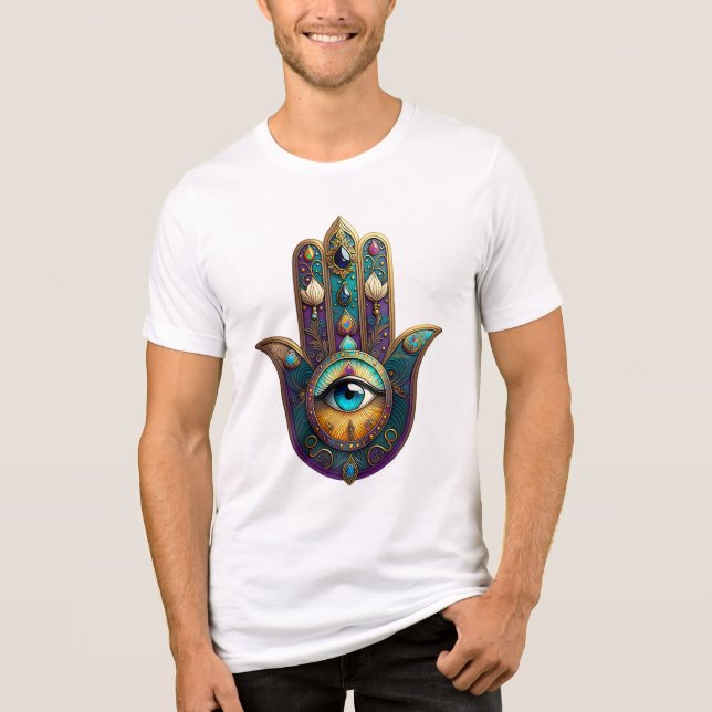 Gold Violet Teal Hamsa w/ Turquoise Third Eye Tri-Blend Shirt (Vorderseite)
