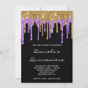 Gold-Violett-Glitzer-Tropfen Schwarze Quinceañera Einladung