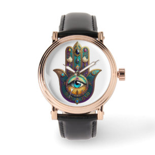 Gold Violett Türkis Hamsa m/ Türkis Drittes Auge Armbanduhr