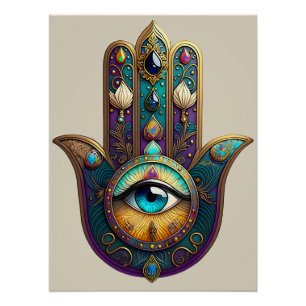 Gold Violett Türkis Hamsa mit Türkis Drittes Auge Poster
