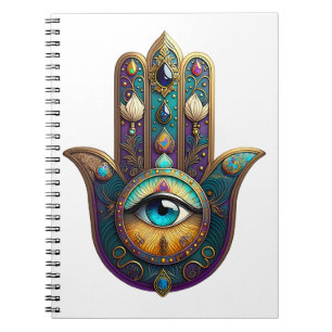 Gold Violett Türkis Hamsa mit Turmalin-Drittes Aug Notizblock