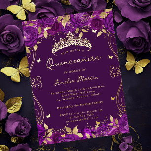 Gold Violetter Wirbel Scroll Floral Quinceanera Folieneinladung