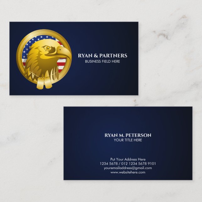 Gold Wappen Eagle Emblem USA Flag | Dunkelblau Visitenkarte (Vorne/Hinten)