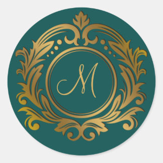Gold Wappen mit Monogram Initial auf Green Classic Runder Aufkleber