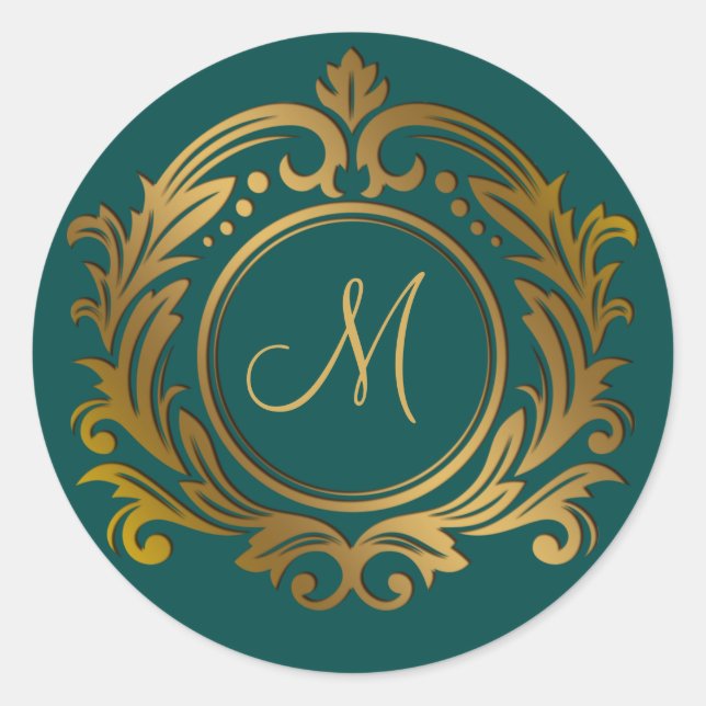 Gold Wappen mit Monogram Initial auf Green Classic Runder Aufkleber (Vorderseite)