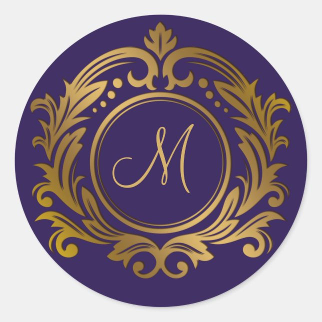 Gold Wappen mit Monogram Initial auf Lila Runder Aufkleber (Vorderseite)